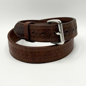 Full Grain Brown Basketweave Leather Belt with Silver Buckle - US 37”